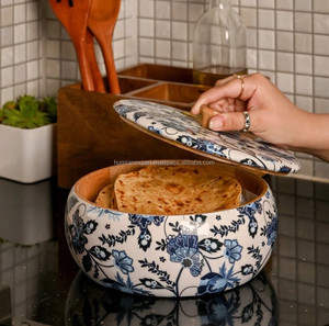 Best Quality <b>Wooden</b> Roti <b>Box</b> with Unique Design Sticker Enamel Printed Round Shape <b>Storage</b> <b>Box</b> With LID - Product Image 1