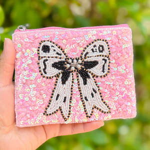Handmade for <b>Beaded</b> Coin Purse Bow Design Sequin Embroidery Pouch Crystal Clutch Soft Gift Bag Unisex Zipper Closure - Product Image 3