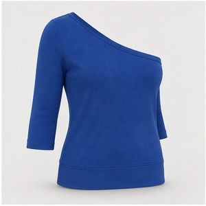 T-shirt ajusté bleu cobalt à une épaule et manches trois quarts pour femme WTS-0018 - Product Image 3