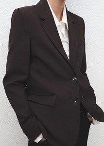 Blazer de Mujer, Color Marrón Oscuro Sólido, Cuello con Muescas, Cierre de un Botón, Manga Larga, Corte Regular, 100% Algodón, Tela de Sarga - Product Image 6