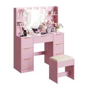 7 Drawer 4 Shelf Pink Particleboard Dressing Table Set with 10 Three Tone Light Bulbs and Power Strip Grille Makeup Vanities - Product Image 4