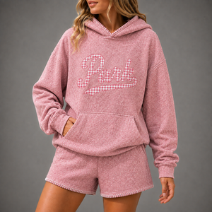 Nouvel ensemble sweat à capuche et short en polaire pour femme avec imprimé Park, délavé, coupe décontractée, 2 pièces, tenue de survêtement automne-hiver - Product Image 3