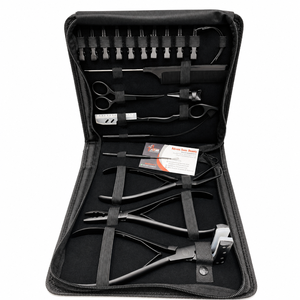 Kit d'outils pour extensions capillaires micro-anneaux noirs et pince à presser en acier inoxydable avec logo personnalisé, ciseaux, peigne, outil à boucle et étui - Product Image 1