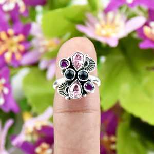 Bague ajustable en argent sterling 925 avec zircon rose et rubis, style floral, pour femme, bijou tendance - Product Image 3