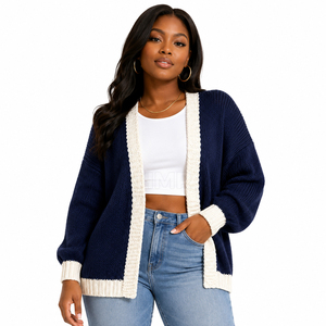HMR Sisterhood Sorority Acrylic <b>Navy</b> Blue Knitted <b>Cardigan</b> With Cream Trim Long Sleeve Casual Open Front Sweater - Product Image 1