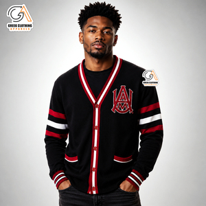 Ropa Griega Personalizada con Bordado, Prendas Masculinas de Alabama A&M | Cárdigan universitario AAMU color maroon con cuello chal y cuello en V, en tono marfil perlado. - Product Image 1