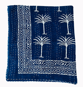 Handcrafted Indian Block Print Cotton Kantha <b>Quilt</b> Blue Floral Pattern Traditional Stitched <b>Bedspread</b> Home Decor Wedding Hotel - Product Image 1