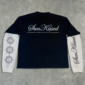 Sun Kissed Long Sleeve Men's T-Shirt Black <b>White</b> Contrast Cotton Jersey Casual O-Neck Front Logo Anti-Wrinkle 300g - Product Image 1