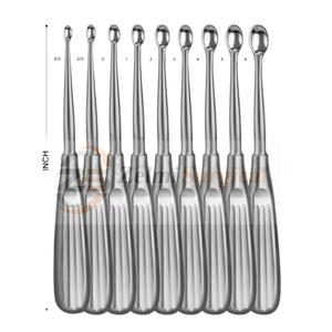 Juego de 9 curetas Spratt Brun de 6.5 pulgadas, copas rectas ovaladas, tamaños 3/06, mango hueco de acero inoxidable, instrumentos quirúrgicos - Product Image 1