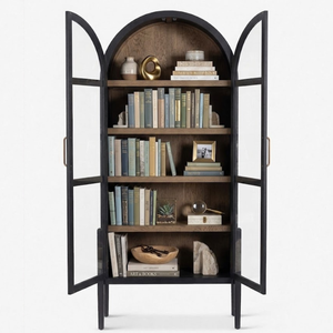 Arched Teak <b>Wood</b> Cabinet Luxury Glass Door <b>Bookcase</b> Multi Tier Living Room Storage Display Shelves - Product Image 1