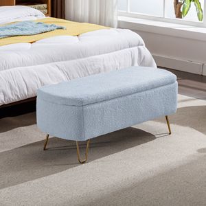 Modern Grey Faux Fur Entryway Bench Blue <b>Storage</b> Ottoman with Gold Legs for End of Bed Padded and Upholstered <b>Stool</b> & Ottoman - Product Image 2