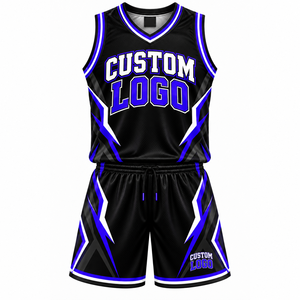 Ensemble d'uniformes de basket-ball personnalisés noir bleu blanc |   Maillot et short de basket-ball sublimés pour équipe |   Fabricant de vêtements de sport sur mesure - Product Image 1