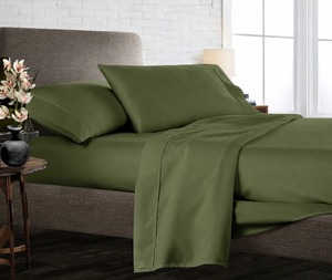 Parure de lit de luxe 400 fils/pouce carré, taille Queen, vert olive foncé, 4 pièces, tissu ultra doux et respirant, drap-housse à poches profondes, installation facile - Product Image 1