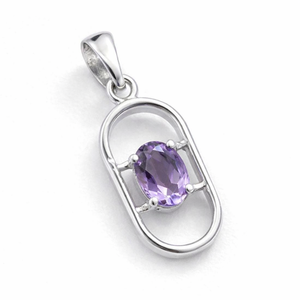 Pendentif tendance en argent sterling plaqué rhodium avec améthyste brésilienne taille ovale – Fait main, minimaliste, cadeau pour elle, pour le mois de février - Product Image 1