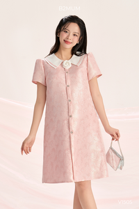 Robe trapèze rose en taffetas à manches courtes B2 MUM V1505, 2 couches, poches latérales, cordon de serrage réglable des deux côtés, convient aux femmes enceintes - Product Image 2