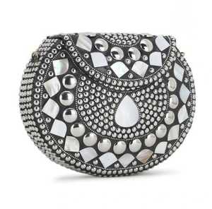 Round Silver-Plated Clutch <b>Bag</b> With Pearl Inlays And <b>Studs</b> Fashion Handbag - Product Image 1