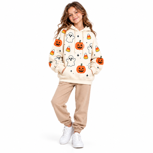 Sudadera con capucha de invierno para niñas, color crema, con estampado de fantasma, calabaza y dulces de Halloween, de forro polar, con bolsillo canguro, de secado rápido - Product Image 1