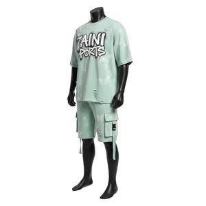 Ensemble t-shirt et short pour homme en jersey de coton premium, tissu doux lavé, couleur menthe, impression en relief, logo personnalisé. - Product Image 4