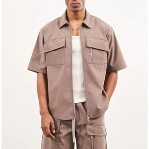 Men's Solid Color Cargo Shorts Set Short Sleeve Zipper Hooded Collar Regular Fit Breathable Summer Casual Streetwear Wear - Product Image 2