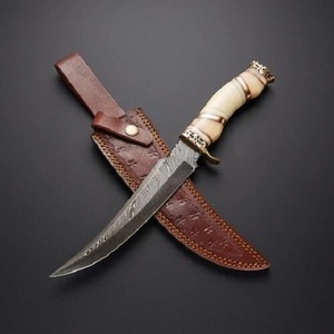 Couteau Bowie à pointe clip de 13 pouces en acier Damas fait main sur mesure avec manche en os et entretoises en laiton - Product Image 1