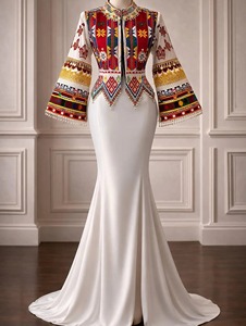 Vestido afgano Kuchi blanco estilo sirena, chaqueta bordada, atuendo cultural para bodas, hermoso diseño y bordado en una sola pieza. - Product Image 5
