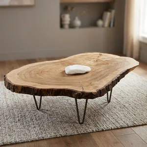 Table basse en bois massif rustique à bord naturel avec pieds en métal noir pour une décoration de salon moderne - Product Image 6
