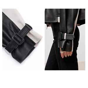 Veste en cuir courte à carreaux noir et blanc, en cuir d'agneau véritable, pour femmes - Product Image 4