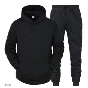 Men's Black Hooded Tracksuit <b>Set</b> Casual Solid Color Full Sleeve Drawstring Pants With Side Pockets Regular Fit Autumn Wear - Product Image 1