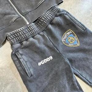 Conjunto de sudadera y pantalones acampanados de poliéster, talla grande, estilo streetwear, negro, con lavado ácido, cremallera completa, vintage, desgastado y con lavado a la piedra, para verano - Product Image 3