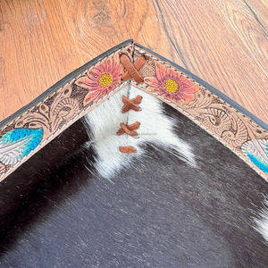 Genuine Hair on Cowhide Tooled Leather Bowl 3 <b>Sets</b> Western Tray Floral Leather Whipstitch Bowl Luxurious Valet Tray Wedding Gift - Product Image 3