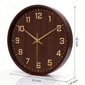 Wood Grain Silent Quartz Wall <b>Clock</b> Round Analog Hanging <b>Clock</b> <b>Battery</b> Powered 3D Number Display for Living Room - Product Image 2