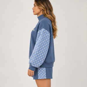 Women's Dusty Blue Polka Sleeve Mock Neck 2-Piece <b>Shorts</b> <b>Set</b> Custom Casual Sportswear - Product Image 4