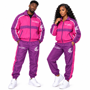 Unisex Tracksuit Set Pink Purple Color Block Sporty Full <b>Zip</b> Windbreaker <b>Joggers</b> <b>with</b> Side <b>Pockets</b> and Logo Print - Product Image 1