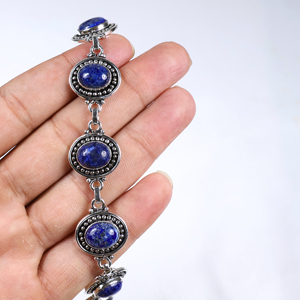 Pulsera de Eslabones con Cierre de Palanca y Piedra Ovalada de Lapislázuli Chapada en Plata de Ley, Estilo Vintage de Alta Calidad, Joyería Étnica Bohemia - Product Image 5