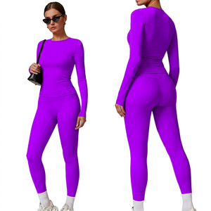 <b>Women</b> 2 Piece Activewear Set Long Sleeve High Waist <b>Leggings</b> Solid Color Stretch Yoga Wear <b>Red</b> - Product Image 4
