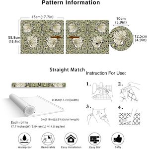 Papier peint floral vintage à coller et à décoller, motif botanique vert sauge/jaune William Morris, 17 motifs muraux pour la décoration de la maison, de la cuisine et de la chambre - Product Image 5