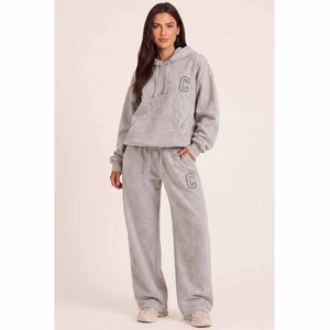 <b>Women's</b> Gray Fleece Hooded Sweatshirt & Joggers Set Letter C Embroidery Casual Loose Fit All Seasons <b>2</b> <b>Piece</b> <b>Outfit</b> - Product Image 5