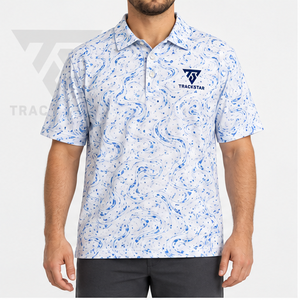 เสื้อโปโลผู้ชาย Trackstar สีขาวลายหินอ่อนสีน้ำเงิน แขนสั้น ปกติดกระดุม สไตล์ลำลอง เหมาะสำหรับตีกอล์ฟ รับสกรีนโลโก้ - Product Image 1