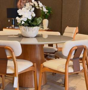 Luxury <b>Round</b> Teak <b>Dining</b> <b>Table</b> <b>Set</b> with Upholstered Chairs Modern Contemporary Furniture - Product Image 3
