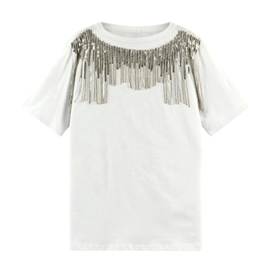 Nouveau T-shirt décontracté pour femme de bonne qualité avec strass, logo personnalisé, tissu respirant, couleurs et tailles personnalisables, prix abordable - Product Image 5