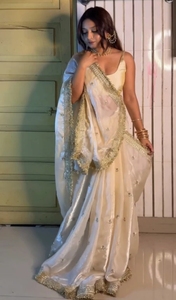 Sari de Seda Pura Bordado KV Estilo Bollywood (Blanco, Crema) - Product Image 2