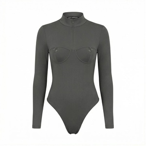 KOKI MYRICK Combinaison de bain une pièce pour femme, grise, à manches longues, col montant, avec soutien-gorge push-up, fermeture éclair frontale et bas string, couleur unie - Product Image 1