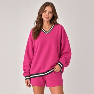 Sweat-shirt décontracté à col en V pour femmes, short, ensemble deux pièces assorti, tissu doux et respectueux de la peau, tenue décontractée quotidienne - Product Image 6