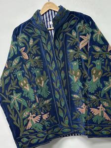 Handmade Blue <b>Velvet</b> Floral Embroidered Suzani Jacket Full Sleeve Stand Collar Bohemian <b>Women's</b> Winter <b>Coat</b> - Product Image 2