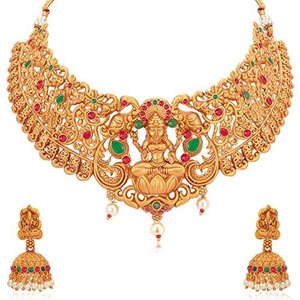 Sukkhi <b>Gold</b> Plated Temple <b>Jewelry</b> Goddess Lakshmi Choker Necklace <b>Set</b> For Women Brass Handcrafted Modern Artisanal - Product Image 2