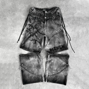OEM Gothic <b>Bleach</b> Wash Wide Leg Men's Jeans Studded Spike Lace-Up Tribal Print Streetwear Denim Pant - Product Image 6