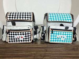 Mochila de piel de vaca mecanizada a mano con patrón a cuadros blanco turquesa y diseñador de tarjetas bolsas de pañales de viaje con estilo para mujer - Product Image 4
