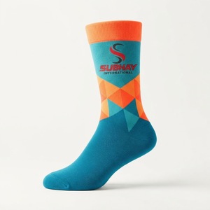 Subhay International Logo Crew <b>Socks</b> <b>Blue</b> Orange Geometric Pattern Unisex Adult - Product Image 1