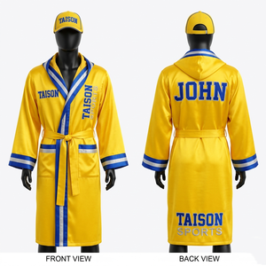 Premium 280 GSM Satin Polyester <b>Boxing</b> <b>Robe</b> Black Gold Contrast Trim Custom Embroidery Sublimation Logo <b>boxing</b> rob - Product Image 2