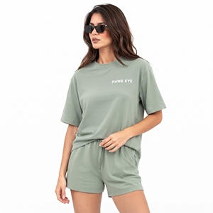 Vêtements pour femmes, ensemble tee-shirt et short vert sauge uni à épaules tombantes, logo personnalisé, fabricant en gros - Product Image 5